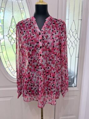 Jade Melody Tam Pink Abstract Print Blouse Sheer Top Size Medium